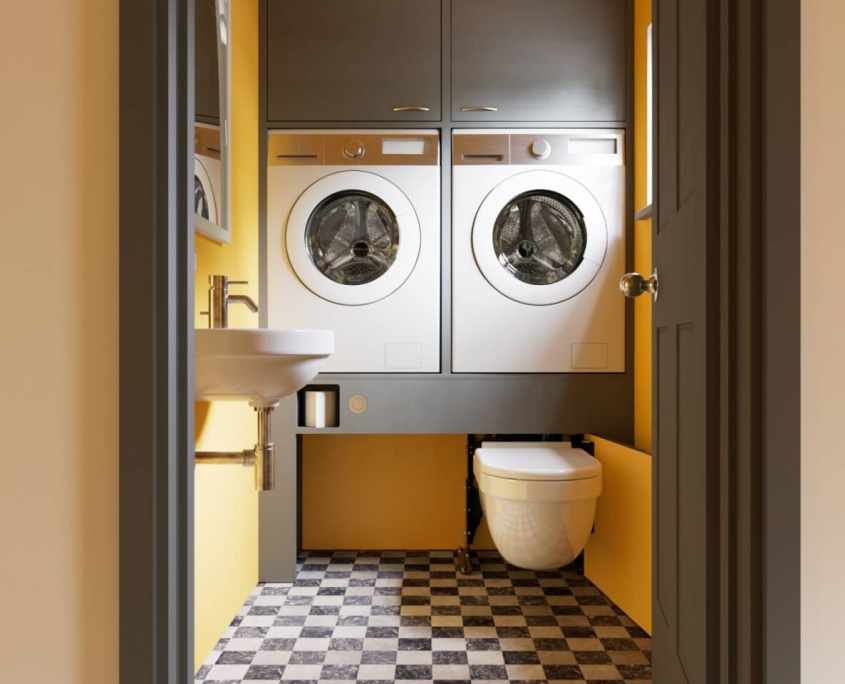 utility room with raised washingmachine and dryer hidealoo deployed