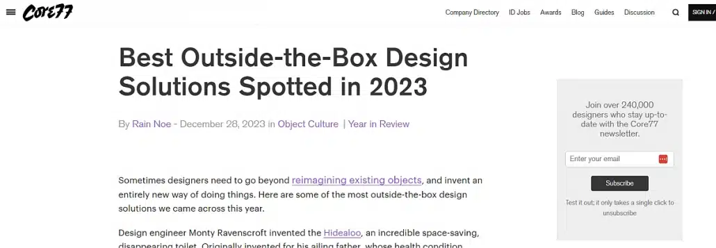 core77 is a global design hub for industrial designers ranging from students through to seasoned professionals. we’re proud that they’ve listed hidealoo as one of the best outside-the-box design solutions for 2023.